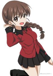 Rule 34 | 10s, 1girl, arm up, black footwear, black skirt, boots, braid, brown eyes, brown hair, commentary, cowboy shot, epaulettes, girls und panzer, hair ornament, hair over shoulder, hairclip, jacket, leg up, long hair, long sleeves, looking at viewer, military, military uniform, miniskirt, one-hour drawing challenge, open mouth, pleated skirt, red jacket, rukuriri (girls und panzer), shibagami, simple background, single braid, skirt, smile, solo, st. gloriana&#039;s military uniform, standing, standing on one leg, twitter username, uniform, white background