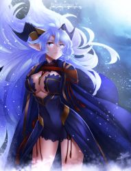 Rule 34 | 1girl, between breasts, blue dress, blue eyes, blue skirt, breasts, cape, cleavage, cleavage cutout, clothing cutout, cloud, copyright name, dress, elf, floating hair, hazuki gean, horns, jewelry, large breasts, light purple hair, long hair, necklace, overskirt, pixiv fantasia, pixiv fantasia 5, pointy ears, skirt, snow, solo, tassel, very long hair