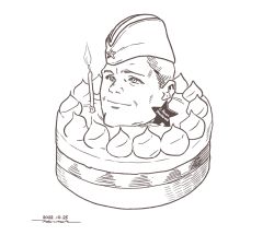Rule 34 | 1boy, ai drawing person in cake (meme), cake, candle, closed mouth, cyrillic, dated, food, garrison cap, greyscale, hat, horikou, male focus, meme, monochrome, original, signature, simple background, smile, solo, soviet army, white background