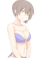 Rule 34 | 10s, 1girl, bad id, bad pixiv id, bare shoulders, bikini, breasts, brown eyes, brown hair, cleavage, fang, highres, kaga (kancolle), kantai collection, kchair02 (k02-yan), looking at viewer, short hair, side ponytail, solo, swimsuit, upper body
