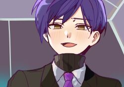 Rule 34 | 1boy, black jacket, black sweater, brown eyes, collared shirt, commentary request, jacket, lobotomy corporation, looking at viewer, male focus, medu (rubish), necktie, open mouth, project moon, purple hair, purple necktie, ribbed sweater, shirt, short hair, smile, solo, sweater, turtleneck, turtleneck sweater, white shirt, yesod (project moon)