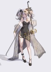 Rule 34 | 1girl, absurdres, animal ears, arknights, bare legs, bare shoulders, black dress, black footwear, black hair, breasts, brown eyes, chinese commentary, cleavage, commentary request, dress, feater (arknights), full body, hand up, highres, holding, holding instrument, infection monitor (arknights), instrument, long hair, looking at viewer, multicolored hair, official alternate costume, panda ears, shadow, shawl, short dress, silver hair, sleeveless, sleeveless dress, small breasts, solo, standing, streaked hair, suqing, thigh strap, thighs, twintails