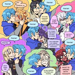 Rule 34 | !, !!, 6+boys, ^ ^, affectionate, after kiss, anger vein, axel syrios, banzoin hakka, black hair, blonde hair, blue eyes, blue hair, blue hoodie, blush, closed eyes, commentary, cup, english commentary, english text, facial hair, gavis bettel, glasses, grey hair, hair between eyes, happy, high ponytail, highres, holding, holding cup, holostars, holostars english, holotempus, hood, hoodie, hug, josuiji shinri, kiss, kissing cheek, long hair, looking to the side, machina x flayon, magni dezmond, male focus, ministarfruit, multicolored hair, multiple boys, noir vesper, open mouth, outline, pale skin, pink hair, pointy ears, puff of air, purple hair, red hair, regis altare, short hair, smile, speech bubble, squiggle, stubble, surprise kiss, surprised, sweat, tsundere, two-tone hair, upper body, virtual youtuber, white outline