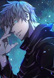 Rule 34 | 1boy, black jacket, blue background, blue eyes, colored eyelashes, dated, gojou satoru, hair between eyes, hand over eye, high collar, highres, jacket, jujutsu kaisen, light particles, long sleeves, looking at viewer, male focus, may (illust man 2020), one eye covered, parted lips, short hair, solo, upper body, white hair