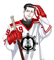 Rule 34 | 1boy, arm up, black eyes, black hair, dogsred, facial hair, hair slicked back, highres, holding hockey stick, kita (sever1220), male focus, simple background, solo, sportswear, stubble, tsunemaru youta, white background