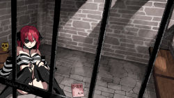 Rule 34 | 1girl, alternate costume, barrel, bench, benimura karu, black thighhighs, book, chain, collar, english text, eyepatch, hair ribbon, highres, hololive, houshou marine, medium hair, prison, prison cell, prison clothes, red eyes, red hair, ribbon, shirt, sitting, skull cup, solo, stone floor, stone wall, striped clothes, striped shirt, thighhighs, torn clothes, torn thighhighs, virtual youtuber, wall