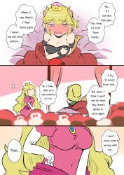 Rule 34 | 2girls, armlet, blush, bowsette, breasts, brooch, cleavage, collar, comic, crown, dress, earrings, english text, engrish text, full-face blush, jewelry, long hair, mario, mario (series), multiple girls, new super mario bros. u deluxe, nintendo, princess peach, ranguage, sesield, super crown, trembling