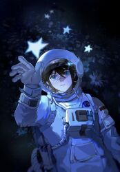 Rule 34 | 1boy, absurdres, ace attorney, arm at side, astronaut, bandaid, bandaid on face, bandaid on nose, black hair, blue eyes, clay terran, field, flower, flower field, gloves, hand up, helmet, highres, looking at viewer, lying, male focus, marrysuwan, on back, on grass, parted lips, reaching, solo, space helmet, spacesuit, star (symbol), upper body, white gloves