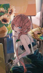 Rule 34 | 1girl, absurdres, bare shoulders, blue eyes, blue overalls, braid, canvas (object), commentary request, crown braid, e ixion, easel, fate/grand order, fate (series), flower, highres, indoors, looking at viewer, looking back, open mouth, orange hair, overalls, paint stains, paintbrush, painting (object), palette (object), side braid, solo, sunflower, van gogh (fate)