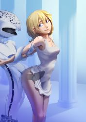 Rule 34 | 1girl, 2018, arms behind back, bare shoulders, bikupan, blonde hair, blue eyes, breasts, clothed sex, clothes lift, column, doggystyle, dress, dress lift, dusk, happy sex, kingdom hearts, large penis, legs together, monster, monster sex, namine, nobody (kingdom hearts), penis, pillar, purple eyes, pussy juice, sex, sex from behind, sleeveless, sleeveless dress, small breasts, standing, x-ray