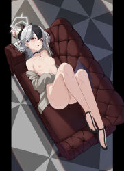 Rule 34 | 1girl, absurdres, anus, ass, black choker, black footwear, black hair, black horns, blue archive, blush, breasts, choker, collarbone, couch, demon horns, demon wings, grey hair, grey halo, grey jacket, hair between eyes, halo, high heels, highres, horns, jacket, kayoko (blue archive), kayoko (dress) (blue archive), legs, long hair, long sleeves, lying, multicolored hair, nabe-san, nipples, nude, on back, on couch, open clothes, open jacket, parted lips, purple wings, pussy, red eyes, single wing, small breasts, solo, wings