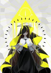 Rule 34 | 1girl, absurdres, bill cipher, black dress, brown hair, capelet, dress, facing viewer, female focus, glowing, gravity falls, grey background, guozijam, halo, highres, lace trim, liquid, long hair, long sleeves, looking at viewer, mabel pines, one-eyed, one eye covered, outstretched arms, puppet strings, solo, starry sky print, string, tetrahedron, triangle, two-sided fabric, veil, very long hair, wet, white capelet, yellow theme