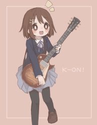 Rule 34 | 1girl, black pantyhose, blush, brown eyes, brown footwear, brown hair, copyright name, fuyune (snow53902), grey skirt, guitar, hair ornament, hairclip, highres, hirasawa yui, holding, holding instrument, instrument, k-on!, loafers, long sleeves, looking at viewer, open mouth, pantyhose, pleated skirt, school uniform, shoes, short hair, skirt, smile, solo, teeth, upper teeth only