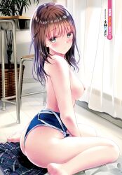 Rule 34 | 1girl, ass, barefoot, blush, breasts, breasts out, brown hair, chair, curtains, embarrassed, eyebrows hidden by hair, feet, female focus, green eyes, highres, indoors, komori chisato, legs, long hair, looking at viewer, medium breasts, nipples, one-piece swimsuit, original, parted lips, sitting, skirt, unworn skirt, solo, sweat, swimsuit, thighs, toes, topless, wariza
