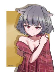 Rule 34 | 1girl, animal ears, artist name, blush, closed mouth, collarbone, frown, grey hair, looking at viewer, mouse ears, namauni, nazrin, red eyes, short hair, solo, touhou, two-tone background, upper body