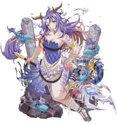 Rule 34 | 1girl, :o, air bubble, another eden, arm wrap, armlet, breasts, bubble, caustics, cleavage, column, fish, full body, gradient hair, highres, holding, holding weapon, horns, large breasts, leg wrap, long hair, looking at viewer, multicolored hair, pillar, purple hair, seaweed, tadamori (morimoriminamo1), underwater, weapon, yellow eyes