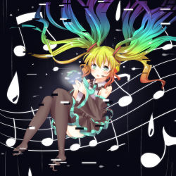 Rule 34 | 1girl, bad id, bad pixiv id, detached sleeves, earth (planet), gradient hair, hatsune miku, highres, multicolored hair, music, musical note, pasutel, rainbow, rainbow hair, solo, star (symbol), symbol-shaped pupils, thighhighs, vocaloid