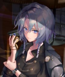 Rule 34 | 1girl, alternate costume, arm grab, arms up, aya (lezon), belt, black jacket, black shirt, blouse, blue eyes, blue nails, braid, chain, contemporary, cropped shirt, expressionless, hair between eyes, holding, holding pocket watch, izayoi sakuya, jacket, jacket on shoulders, leather, leather jacket, light particles, long sleeves, looking at viewer, midriff, nail polish, navel, pocket watch, shirt, short hair, silver hair, solo, standing, touhou, twin braids, upper body, watch, wristwatch