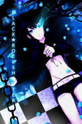 Rule 34 | 10s, 1girl, bad id, bad pixiv id, belt, bikini, bikini top only, black hair, black rock shooter, black rock shooter (character), blue eyes, blue flower, blue rose, chain, coat, female focus, flat chest, flower, front-tie top, glowing, glowing eyes, hood, jacket, kinoko (pixiv), long hair, looking up, lying, midriff, navel, on back, pale skin, petals, rella, rose, scar, short shorts, shorts, solo, star (symbol), swimsuit, tears, twintails, uneven twintails, very long hair, zipper
