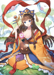 Rule 34 | 1girl, :d, artist name, biwa lute, blue eyes, blunt bangs, bonim, breasts, brown hair, cleavage, day, floral print, frog, hair tubes, hat, highres, holding, holding instrument, instrument, japanese clothes, kimono, lily pad, long hair, looking at viewer, lute (instrument), medium breasts, nose bubble, open mouth, outdoors, red ribbon, ribbon, sidelocks, sitting, smile, solo, tassel, water