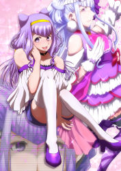 Rule 34 | 1girl, :d, absurdres, between legs, bow, clothing cutout, collar, collarbone, cone hair bun, cure amour, floating hair, gloves, hair bun, hairband, hand between legs, hand on own cheek, hand on own face, high heels, highres, hugtto! precure, long hair, looking at viewer, magical girl, makeup, mascara, off-shoulder shirt, off shoulder, open mouth, precure, pumps, purple bow, purple eyes, purple footwear, purple hair, purple shorts, ruru amour, shirt, short shorts, shorts, shoulder cutout, sitting, smile, solo, sparkle, takllou, thighhighs, thighs, very long hair, white gloves, white shirt, white thighhighs, yellow hairband, zettai ryouiki