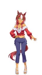 Rule 34 | 1girl, ahoge, animal ears, blue pants, brown hair, dark-skinned female, dark skin, darley arabian (umamusume), full body, green eyes, highres, horse ears, horse girl, horse tail, jewelry, long hair, looking at viewer, midriff, multicolored hair, necklace, off-shoulder shirt, off shoulder, official art, pants, red shirt, sandals, shirt, smile, solo, tachi-e, tail, transparent background, two-tone hair, umamusume, white footwear, white hair