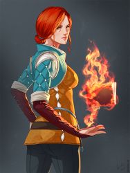 Rule 34 | 1girl, casting spell, fingerless gloves, fire, gloves, green eyes, hair bun, holding flame, looking at viewer, looking back, orange hair, pants, pyrokinesis, shunkaku, single hair bun, spell, the witcher (series), the witcher 3, triss merigold