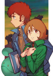 Rule 34 | 1boy, 1girl, amuro ray, blue jacket, book, brown eyes, brown hair, framed, fraw bow, freckles, green jacket, gundam, haro, holding, holding book, hungry clicker, jacket, long sleeves, looking at viewer, looking to the side, mecha, mobile suit gundam, parted lips, red hair, red shirt, retro artstyle, robot, shirt, short hair, yellow shirt, zaku ii