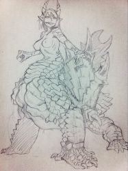 Rule 34 | 1girl, breasts, centauroid, claws, dragon girl, dragon tail, fangs, from below, grin, kanemaki thomas, looking at viewer, monochrome, monster girl, nipples, nude, original, pointy ears, scales, short hair, smile, smirk, solo, spikes, tail, taur, traditional media