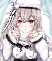 Rule 34 | 1girl, :o, azur lane, blue eyes, blush, buttons, coat, cross, double-breasted, fur-trimmed collar, fur-trimmed sleeves, fur trim, grey hair, hair between eyes, hat, heterochromia, highres, long hair, looking at viewer, murmansk (azur lane), purple eyes, solo, umidemi, upper body, white coat, white hat, winter clothes, winter coat