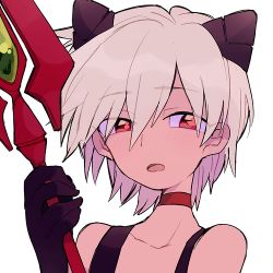 Rule 34 | 10s, 1boy, albino, bad id, bad pixiv id, bare shoulders, black gloves, blush, choker, evangelion: 3.0 you can (not) redo, eyes visible through hair, gem, gloves, hair between eyes, half-closed eyes, headgear, holding, holding weapon, image sample, lance of cassius, lowres, male focus, nagisa kaworu, neon genesis evangelion, parted bangs, pixiv sample, polearm, rebuild of evangelion, red eyes, sa kuma, short hair, simple background, solo, spear, upper body, weapon, white background, white hair