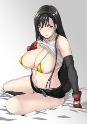 Rule 34 | 1girl, areola slip, bare shoulders, bikini, blush, breasts, brown eyes, brown hair, collarbone, curvy, earrings, eye contact, final fantasy, final fantasy vii, flashing, gloves, jewelry, large breasts, long hair, looking at another, looking at viewer, miniskirt, minpei ichigo, navel, nipples, ponytail, pubic hair, simple background, skirt, suspender skirt, suspenders, swimsuit, tank top, thick thighs, thighs, tifa lockhart, white background