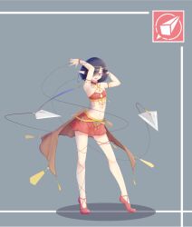 Rule 34 | 1girl, armlet, belt pouch, black hair, blue eyes, choker, crop top, full body, grey background, hair over one eye, highres, jewelry, kearful, miniskirt, original, pointy ears, potion, pouch, red choker, red skirt, ring, short hair, simple background, skirt, string, triangle, vial, weapon request