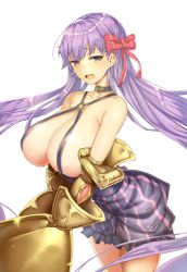 Rule 34 | 10s, 1girl, bad id, bad pixiv id, bare shoulders, blush, breasts, claws, fate/extra, fate/extra ccc, fate/grand order, fate (series), fenrir042, fenrir (fenrir042), hair ribbon, huge breasts, large breasts, long hair, looking at viewer, open mouth, passionlip (fate), purple eyes, purple hair, red ribbon, ribbon, shiny skin, simple background, solo, very long hair, white background