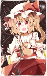 Rule 34 | 1girl, ascot, back bow, blonde hair, blush, bow, brown background, center frills, collarbone, collared shirt, cowboy shot, crystal, dark background, dress shirt, emphasis lines, fangs, fingernails, flandre scarlet, frilled shirt collar, frilled skirt, frilled sleeves, frills, hat, hat ribbon, highres, holding, holding polearm, holding weapon, lace-trimmed ascot, laevatein (touhou), large bow, large hat, medium hair, mob cap, multicolored wings, nail polish, one side up, open mouth, pointy ears, polearm, puffy short sleeves, puffy sleeves, red eyes, red nails, red ribbon, red skirt, red vest, ribbon, sharp fingernails, shirt, short sleeves, signature, skirt, skirt set, solo, teeth, touhou, tsumurikoto, upper teeth only, vest, weapon, white bow, white hat, white shirt, wings, wrist cuffs, yellow ascot