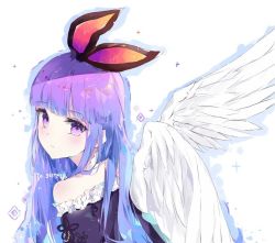 Rule 34 | 1girl, angel wings, bare shoulders, blue hair, blunt bangs, blush, choker, closed mouth, commission, copyright request, expressionless, feathered wings, frills, from behind, gradient hair, hair ribbon, looking at viewer, looking back, multicolored hair, off shoulder, pink ribbon, purple eyes, purple hair, ribbon, simple background, solo, tr (hareru), upper body, white background, white choker, white wings, wings
