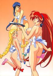 Rule 34 | 3girls, akira (viper), ankle ribbon, apron, ass, asymmetrical bangs, blonde hair, blue eyes, blue hair, breasts, cleavage, closed eyes, gradient background, halterneck, highres, holding, holding tray, karin (viper), large breasts, leg ribbon, leg strap, leg up, long hair, looking at viewer, multiple girls, naked apron, official art, open mouth, pink footwear, red eyes, red hair, retro artstyle, ribbon, rimless eyewear, round eyewear, saki (viper), sideboob, smile, strap gap, thigh ribbon, thigh strap, tray, very long hair, viper v16