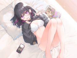 Rule 34 | 1girl, :p, absurdres, bare legs, barefoot, black-framed eyewear, black hair, blush, bra, breasts, bright pupils, cellphone, clothes lift, colored inner hair, earrings, feet out of frame, fuzuki fuuro, glasses, highres, jewelry, knees together feet apart, long sleeves, looking at viewer, lying, magazine (object), medium breasts, mole, mole under eye, multicolored hair, nail polish, non-web source, on back, on bed, original, panties, phone, pillow, pink eyes, pink hair, purple eyes, purple hair, short hair, sleeves past wrists, smartphone, solo, stud earrings, sweater, sweater lift, tongue, tongue out, two-tone hair, underwear, white bra, white panties, white pupils