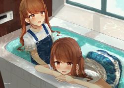 Rule 34 | 2girls, absurdres, bathing, bathroom, bathtub, blouse, blue overalls, blue pants, blush, brown eyes, brown hair, clothed bath, hair between eyes, highres, multiple girls, noa cell, open mouth, original, overalls, pants, shirt, side ponytail, skirts, sweat, twintails, wet, wet clothes, white shirt