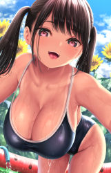 Rule 34 | 1girl, bent over, black hair, blurry, blurry background, breasts, check commentary, cleavage, cloud, commentary request, competition school swimsuit, competition swimsuit, dripping, flower, hanging breasts, kase daiki, large breasts, leaning forward, long hair, looking at viewer, mole, mole on breast, mole under eye, one-piece swimsuit, open mouth, original, outdoors, purple eyes, school swimsuit, sky, smile, solo, sunflower, swimsuit, tan, tanline, thighs, twintails, wet