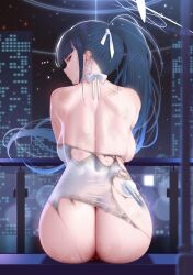 Rule 34 | 1girl, absurdres, ass, back, backboob, blue archive, blunt bangs, breasts, closed mouth, cotton swab, dress, earrings, from behind, genkung, hair ornament, halo, highres, injury, jewelry, large breasts, long hair, looking at viewer, looking back, night, official alternate costume, ponytail, saori (blue archive), saori (dress) (blue archive), sitting, solo, torn clothes, torn dress