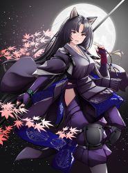 Rule 34 | 1girl, :d, animal ears, arknights, autumn leaves, backlighting, black hair, breasts, brown eyes, commentary request, dark background, dog ears, elbow gloves, feet out of frame, fingerless gloves, full moon, gloves, highres, hip vent, holding, holding weapon, infection monitor (arknights), japanese clothes, kimono, kirigakure (kirigakure tantei jimusho), knee pads, large breasts, leaf, long hair, long sleeves, looking at viewer, maple leaf, moon, open mouth, pants, parted bangs, purple gloves, purple kimono, purple pants, saga (arknights), smile, solo, tasuki, very long hair, weapon