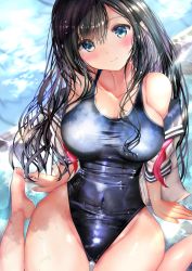 Rule 34 | 1girl, absurdres, black hair, black sailor collar, black one-piece swimsuit, breasts, commentary request, competition swimsuit, green eyes, highres, large breasts, long hair, neckerchief, ogata tei, one-piece swimsuit, open clothes, open shirt, original, red neckerchief, sailor collar, school uniform, serafuku, sitting, smile, solo, swimsuit, swimsuit under clothes, thick thighs, thighs, wariza, water, wet, wet clothes