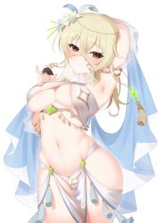 Rule 34 | 1girl, absurdres, arm up, armlet, armpits, belly dancer, belly dancing, blonde hair, blush, breasts, cleavage, dancer, detached sleeves, flower, fox shadow puppet, genshin impact, hair between eyes, hair flower, hair ornament, highres, ia (ias1010), large breasts, looking at viewer, lumine (genshin impact), mouth veil, orange eyes, see-through, short hair with long locks, simple background, sketch, smile, solo, underboob, veil, white background, white flower, wide sleeves