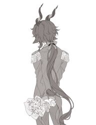 Rule 34 | 1boy, animal ears, arknights, arms behind back, black hair, bouquet, bow, clothing cutout, ebenholz (arknights), epaulettes, facing away, flower, from behind, greyscale, hair bow, highres, holding, holding bouquet, horns, jacket, long hair, male focus, monochrome, pants, rio (rio773), simple background, solo, tail, tail through clothes, very long hair, white background