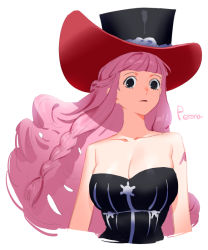 Rule 34 | 1girl, artist request, black dress, breasts, character name, dress, ears, hat, large breasts, long hair, one piece, perona, pink hair, simple background, solo, very long hair, white background
