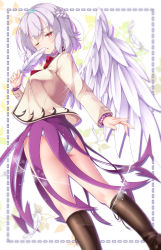Rule 34 | 1girl, aka tawashi, blush, boots, bow, branch, breasts, brown footwear, collar, dress, feathers, from behind, gradient background, green background, hair between eyes, hand up, highres, holding, jacket, kishin sagume, kneepits, leaf, long sleeves, looking at viewer, medium breasts, one eye closed, open mouth, orange background, panties, pantyshot, purple collar, purple dress, red bow, red eyes, red neckwear, short hair, single wing, solo, standing, thighs, touhou, underwear, white background, white hair, white panties, wings, yellow background, yellow jacket, yellow sleeves