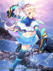 Rule 34 | 1girl, ass, bag, blonde hair, blue eyes, blue footwear, blue thighhighs, boots, breasts, butt crack, cait aron, commentary request, copyright name, dress, dual wielding, elbow gloves, gloves, goggles, goggles around neck, gyakushuu no fantasica, holding, knee boots, leg up, long hair, looking at viewer, looking back, medium breasts, official art, one eye closed, open mouth, original, outdoors, ponytail, short dress, short sleeves, skirt, solo, thighhighs, water gun, zettai ryouiki