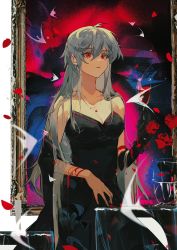 Rule 34 | 1girl, arknights, arm ribbon, black dress, breasts, cup, dress, drinking glass, flower, gloves, grey hair, highres, jewelry, jinfeng0430, long hair, looking at viewer, medium breasts, necklace, painting (object), parted lips, picture frame, red eyes, red flower, red ribbon, red rose, ribbon, rose, sidelocks, single glove, skadi (arknights), solo, strapless, strapless dress, very long hair, wine glass