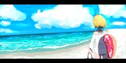 Rule 34 | 1girl, amano pikamee, artist name, bag, bare shoulders, basedshark, beach, bikini, bikini under clothes, black hairband, blonde hair, blue sky, cloud, cloudy sky, commentary, day, english commentary, facing away, green bikini, green hair, green nails, hairband, halterneck, highres, holding, holding bag, horizon, innertube, letterboxed, multicolored hair, nail polish, no pants, ocean, off-shoulder shirt, off shoulder, outdoors, shirt, short hair, signature, sky, solo, standing, swim ring, swimsuit, two-tone hair, virtual youtuber, voms, water, white shirt, wide shot